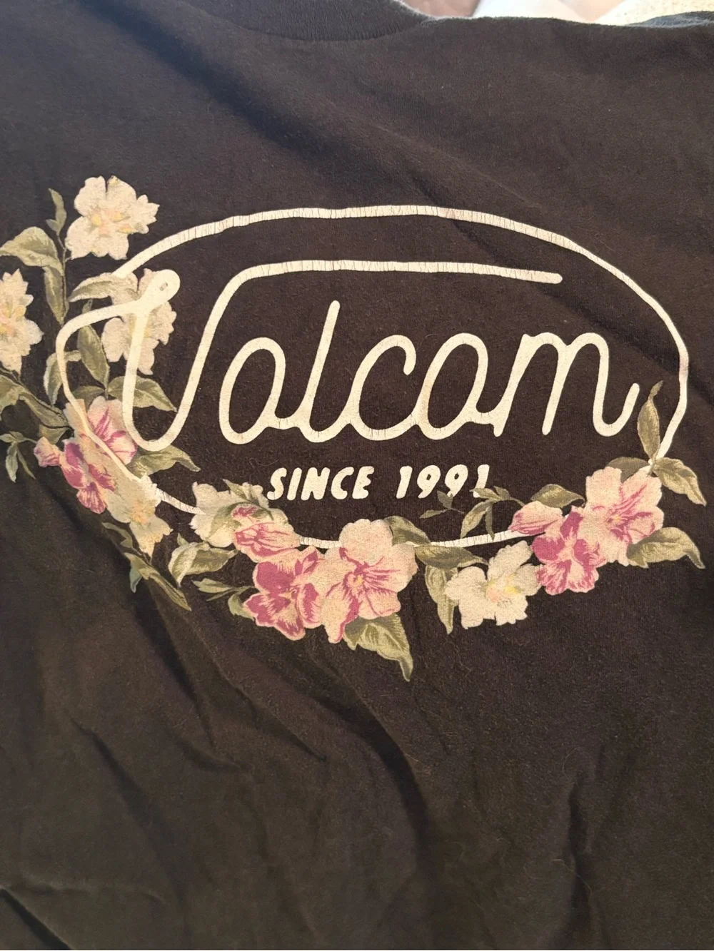 Volcom Black Tee with Pink & White Floral Logo